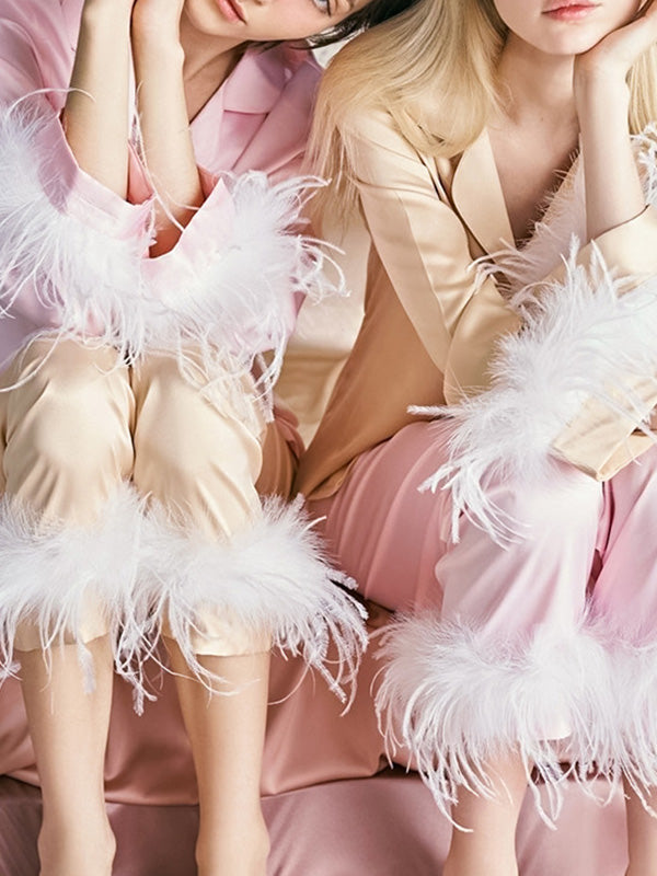 Long Sleeves Buttoned Feathers Split-Joint Notched Collar Shirts Top + Pants Bottom Pajama Sets