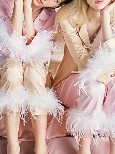 Long Sleeves Buttoned Feathers Split-Joint Notched Collar Shirts Top + Pants Bottom Pajama Sets