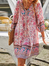 A-Line Loose Contrast Color Flower Print Pleated V-Neck Mini Dresses