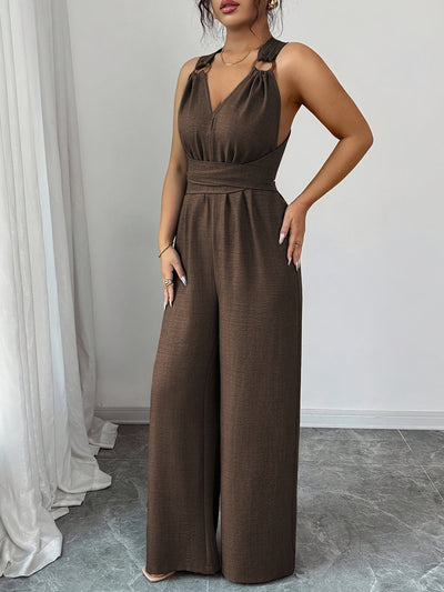 High Waisted Sleeveless Backless Solid Color Tied Spaghetti-Neck Jumpsuits
