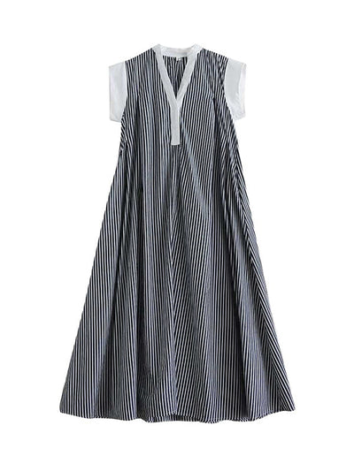 Cap Sleeve Loose Buttoned Striped Lapel Maxi Dresses Shirt Dress