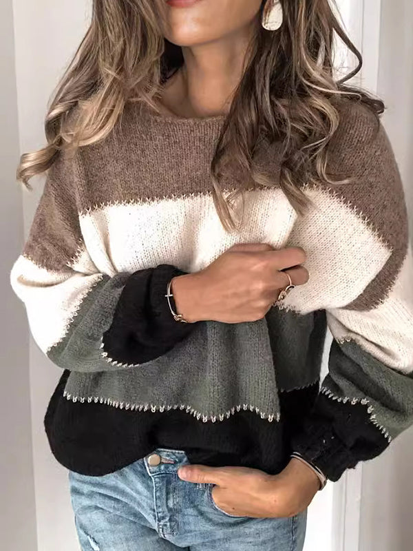 Long Sleeves Loose Contrast Color Split-Joint Striped Round-Neck Pullovers Sweater Tops
