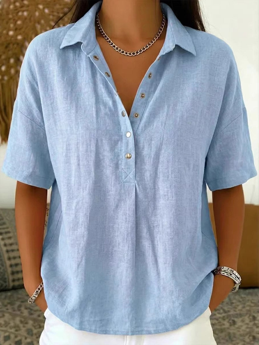Half Sleeves Loose Buttoned Solid Color Lapel Blouses&Shirts Tops