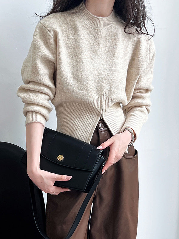 Long Sleeves Loose Solid Color Zipper Mock Neck Pullovers Sweater Tops