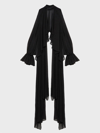 High-Low Long Sleeves Elasticity Hollow Pleated Solid Color Mock Neck Blouses&Shirts Tops