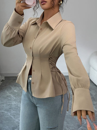 Long Sleeves Puff Sleeves Buttoned Pleated Solid Color Tied Lapel Blouses&Shirts Tops