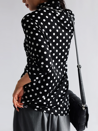 Long Sleeves Loose Polka-Dot Heaps Collar T-Shirts Tops