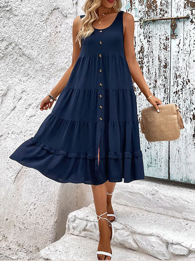 Loose Sleeveless Buttoned Solid Color Tiered Round-neck Midi Dresses
