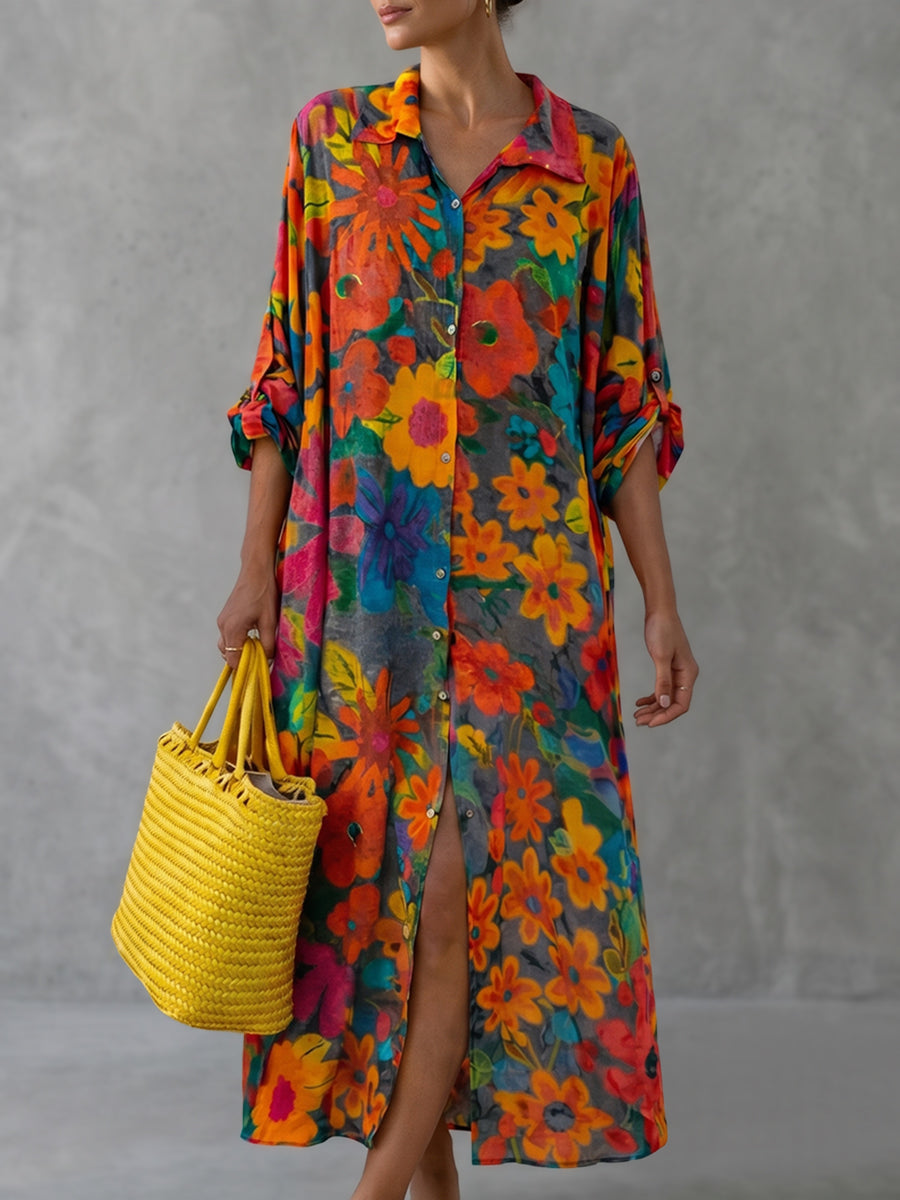 Half Sleeves Loose Buttoned Contrast Color Floral Printed Split-Front Lapel Maxi Dresses Shirt Dress