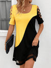 A-Line Loose Contrast Color Hollow Mesh Split-Joint Cold Shoulder Mini Dresses