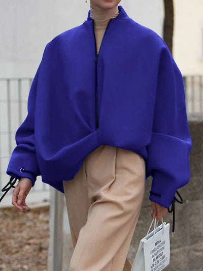 Loose Puff Sleeves Asymmetric Split-Joint Zipper Stand Collar Outerwear