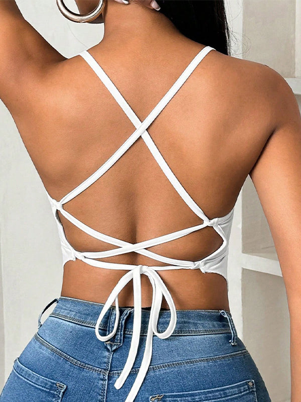 Loose Sleeveless Backless Pleated Solid Color Tied Deep V-Neck Vest Top