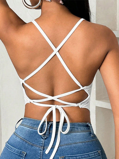 Loose Sleeveless Backless Pleated Solid Color Tied Deep V-Neck Vest Top