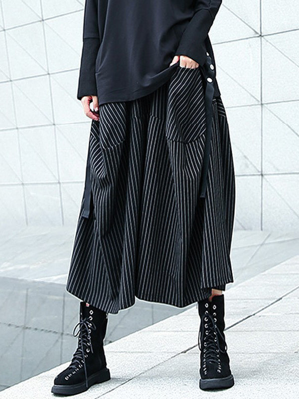 High Waisted Loose Elasticity Pockets Striped Culotte Pants