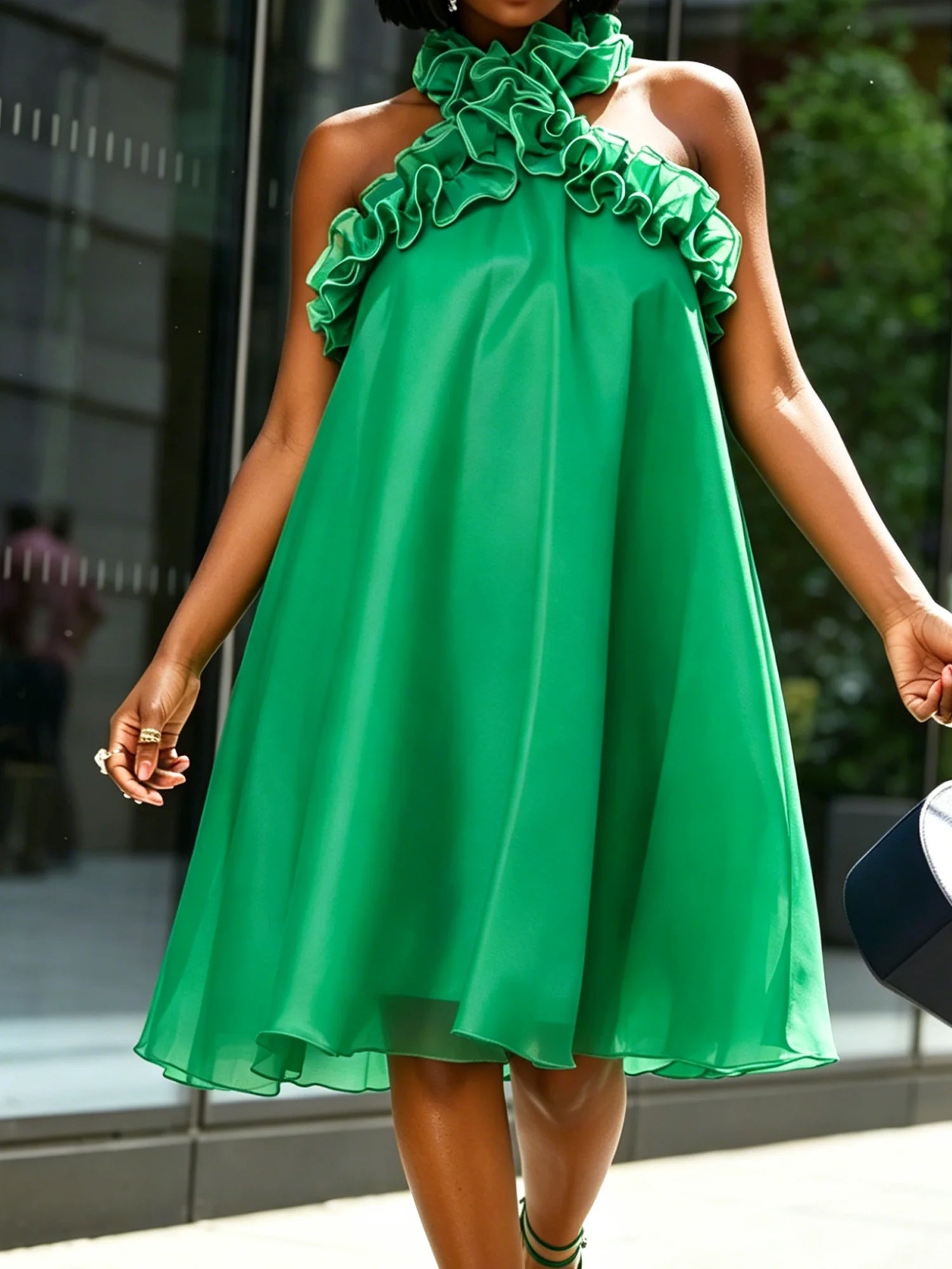 A-Line Loose Backless Solid Color Split-Joint Halter-Neck Midi Dresses