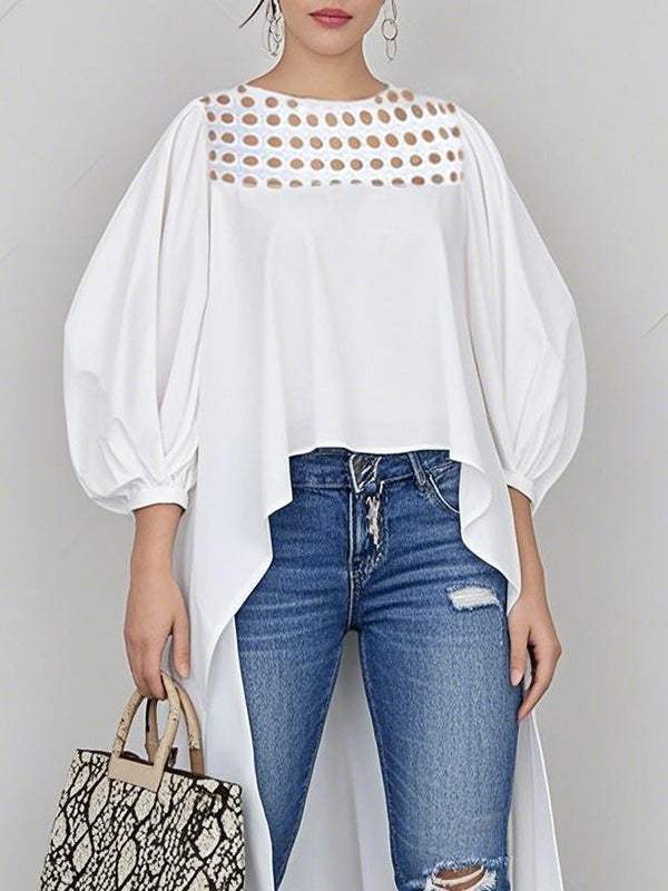 High-Low Long Sleeves Hollow Pleated Solid Color Round-Neck Blouses&Shirts Tops