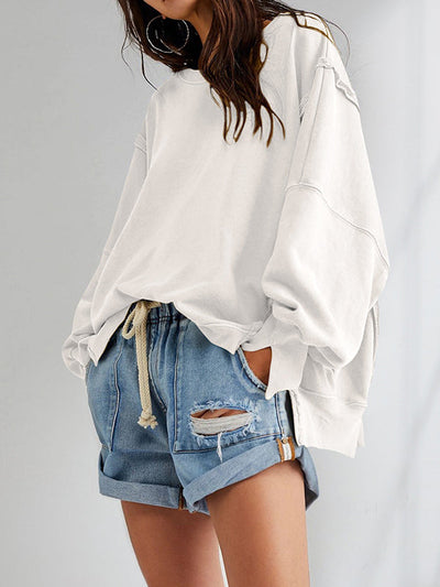 Long Sleeves Loose Fringed Solid Color Split-Joint Split-Side Round-Neck Sweatershirt