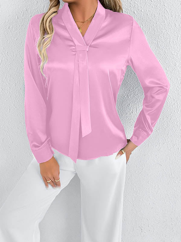 Long Sleeves Loose Solid Color Split-Joint Streamer Scarf Collar Blouses&Shirts Tops