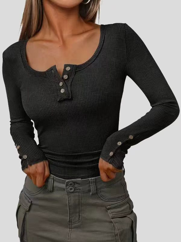 Long Sleeves Buttoned Solid Color Striped Square-Neck Knit Top