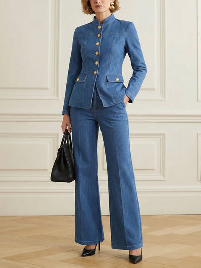 Long Sleeves Buttoned Pockets Solid Color Stand Collar Outerwear