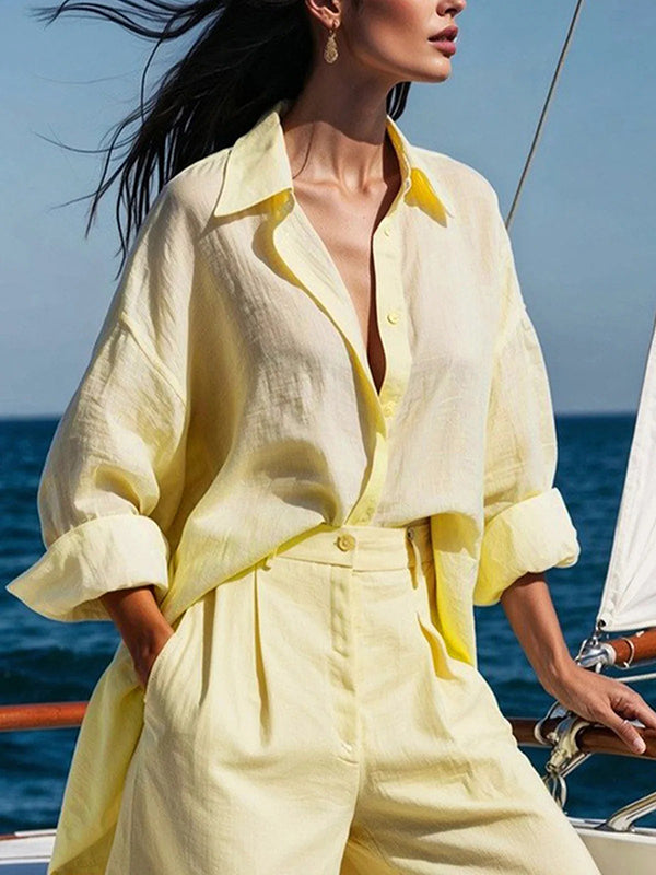 Long Sleeves Loose Solid Color Split-Joint Lapel Blouses&Shirts Tops