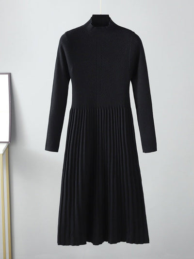 Stylish Long Sleeves High Waisted Pleated Solid Color Half Turtleneck Sweater Dresses