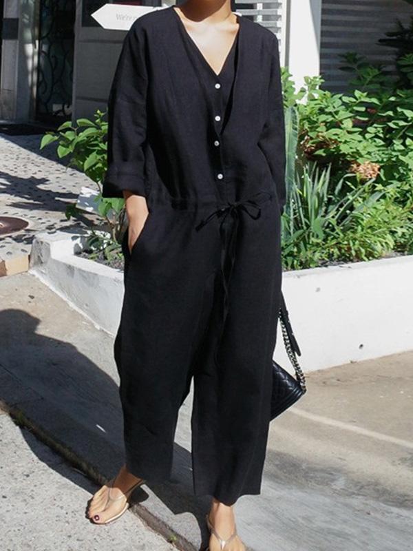 Casual Linen V-neck Jumpsuit