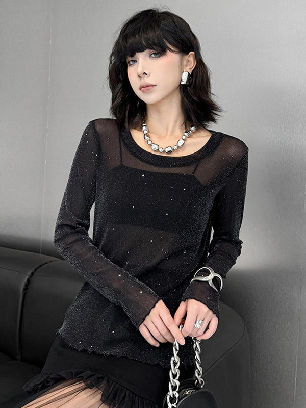 Long Sleeves Loose See-Through Shiny Round-Neck T-Shirts Tops