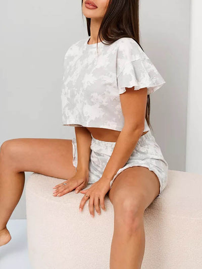 Loose Short Sleeves Elasticity Ruffle Trim Round-Neck T-Shirt Top + Shorts Bottom Pajama Sets