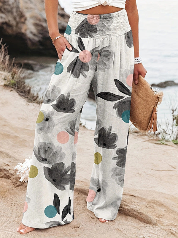 High Waisted Loose Elasticity Flower Print Pleated Pockets Pants Trousers