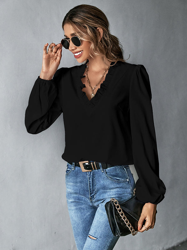 Casual Puff Sleeves Loose Falbala Solid Color V-Neck Blouses&Shirts Tops