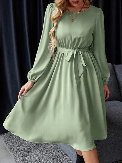 Loose Puff Sleeves Elasticity Pleated Solid Color Split-Joint Tied Waist Round-Neck Midi Dresses