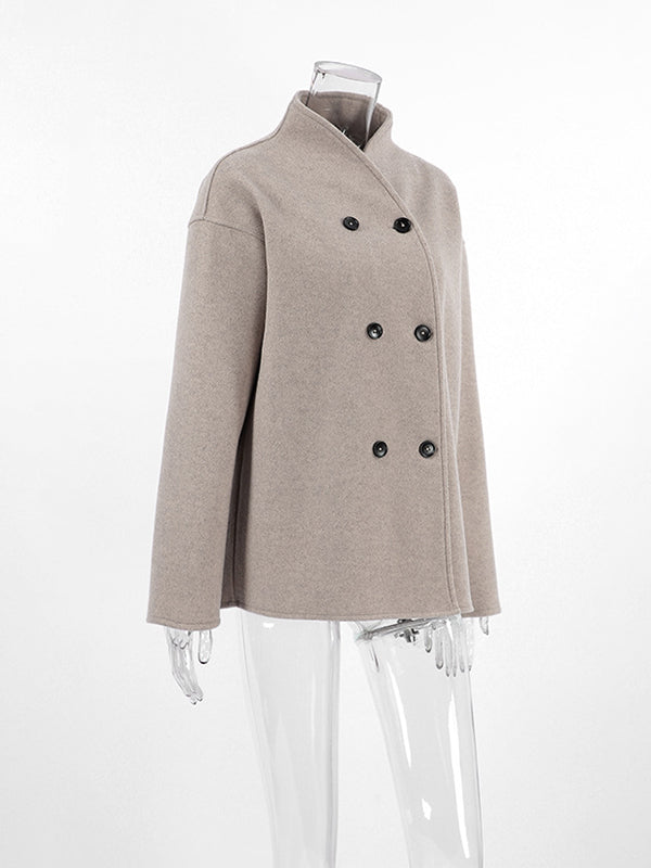 Long Sleeves Loose Buttoned Stand Collar Woolen Coat