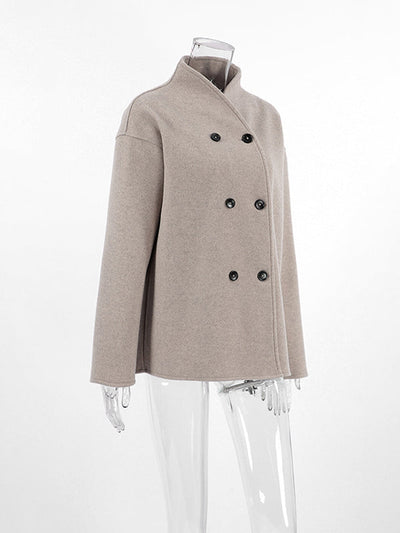 Long Sleeves Loose Buttoned Stand Collar Woolen Coat