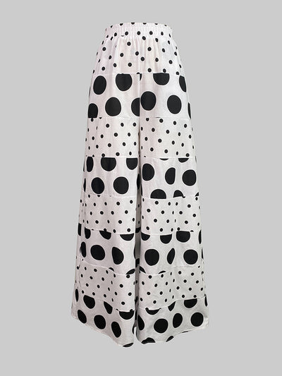 High Waisted Loose Contrast Color Elasticity Pockets Polka-Dot Split-Joint Pants Trousers