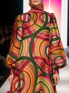 A-Line Long Sleeves Contrast Color High Neck Midi Dresses