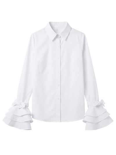 Flared Sleeves Bow-Embellished Falbala Solid Color Lapel Blouses&Shirts Tops