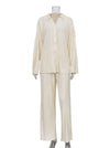 Urban Loose Pleated Solid Lapel Collar Blouses Tops & Wide Leg Pants Two Pieces Set