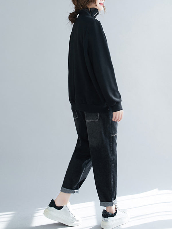 Artistic Retro Loose Zipper High-Neck Long Sleeves Sweatshirt Top