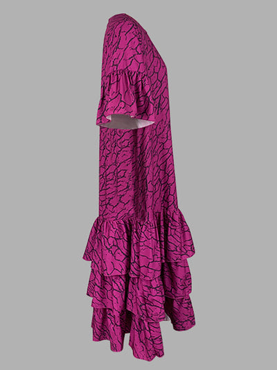 Flared Sleeves Half Sleeves Asymmetric Layered Pleated Printed Ruffle Trim Round-Neck Maxi Dresses