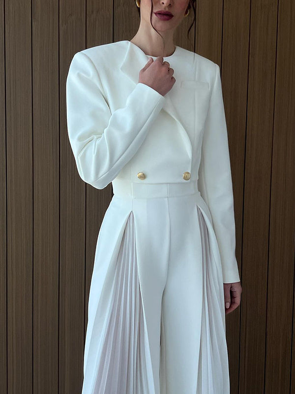 Long Sleeves Buttoned Solid Color Split-Joint Round-Neck Blazers Top + Zipper Wide Leg Mesh Pleated Pants Bottom Two Pieces Set