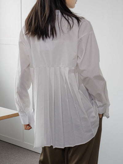 Long Sleeves Loose Buttoned Pleated Solid Color Round-Neck Blouses&Shirts Tops