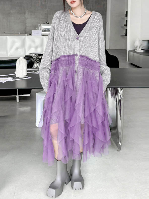 High-Low Irregularity Buttoned Contrast Color Mesh Pleated Ribs Split-Joint Collarless Cardigan Tops Outerwear