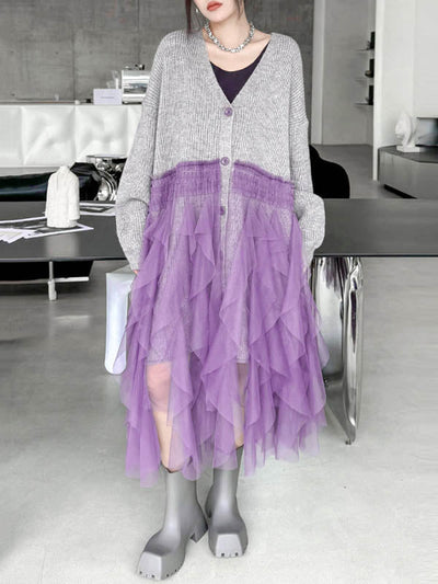 High-Low Irregularity Buttoned Contrast Color Mesh Pleated Ribs Split-Joint Collarless Cardigan Tops Outerwear