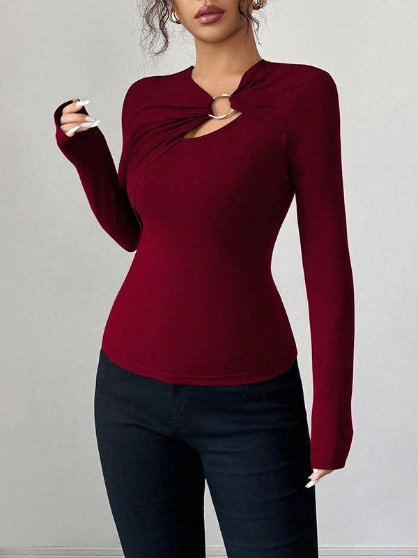 Long Sleeves Skinny Solid Color Split-Joint Asymmetric Collar T-Shirts