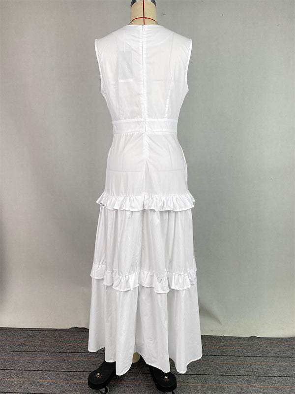 A-Line High Waisted Buttoned Pleated Pockets Solid Color Split-Joint V-Neck Maxi Dresses