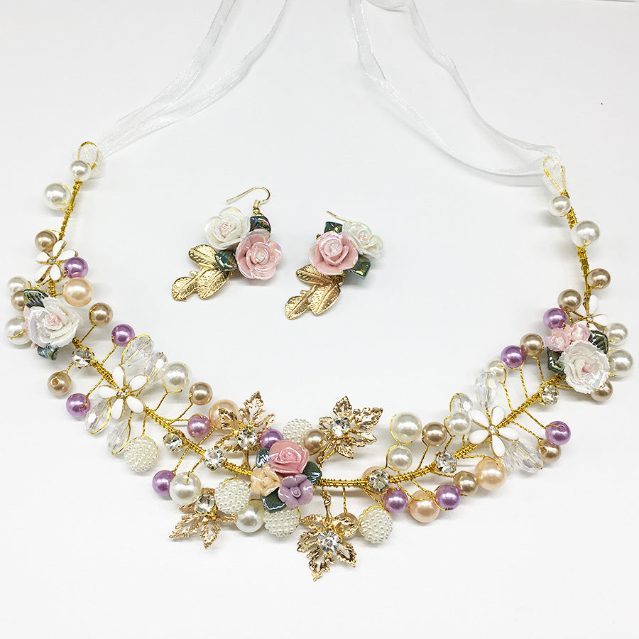 bridal headwear handmade pearl ceramic flower headband earrings set