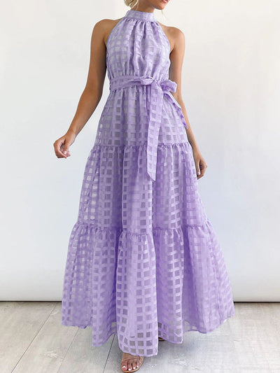 Loose Sleeveless Plaid Ribbed Stand Collar Maxi Dresses