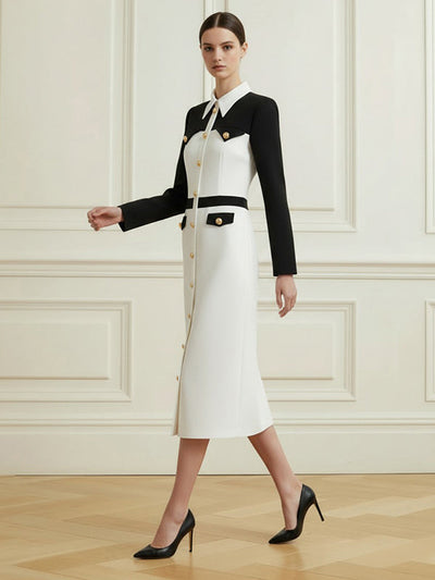 Long Sleeves Buttoned Contrast Color Split-Joint Lapel Midi Dresses