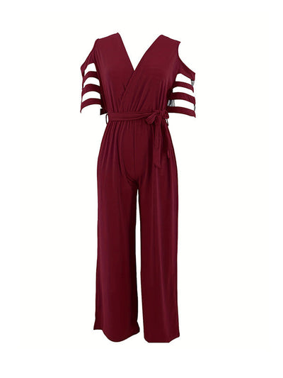 High Waisted Loose Hollow Mesh Solid Color Tied Waist V-Neck Jumpsuits